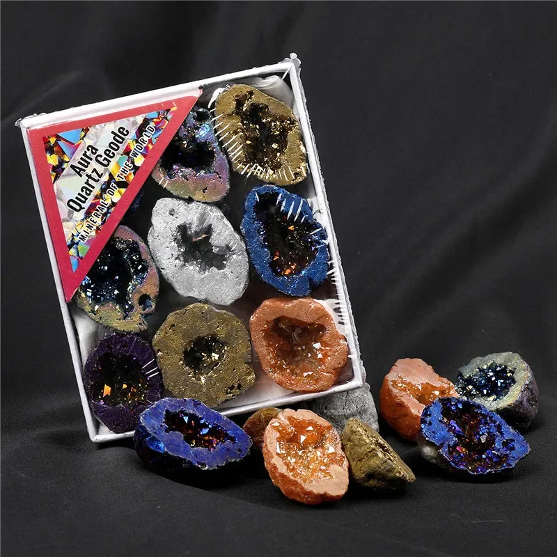 

Natural Geode Agate Mineral Specimens Box Colorful Plated Irregular Healing Crystals Cluster Gemstones Collection Children Gift