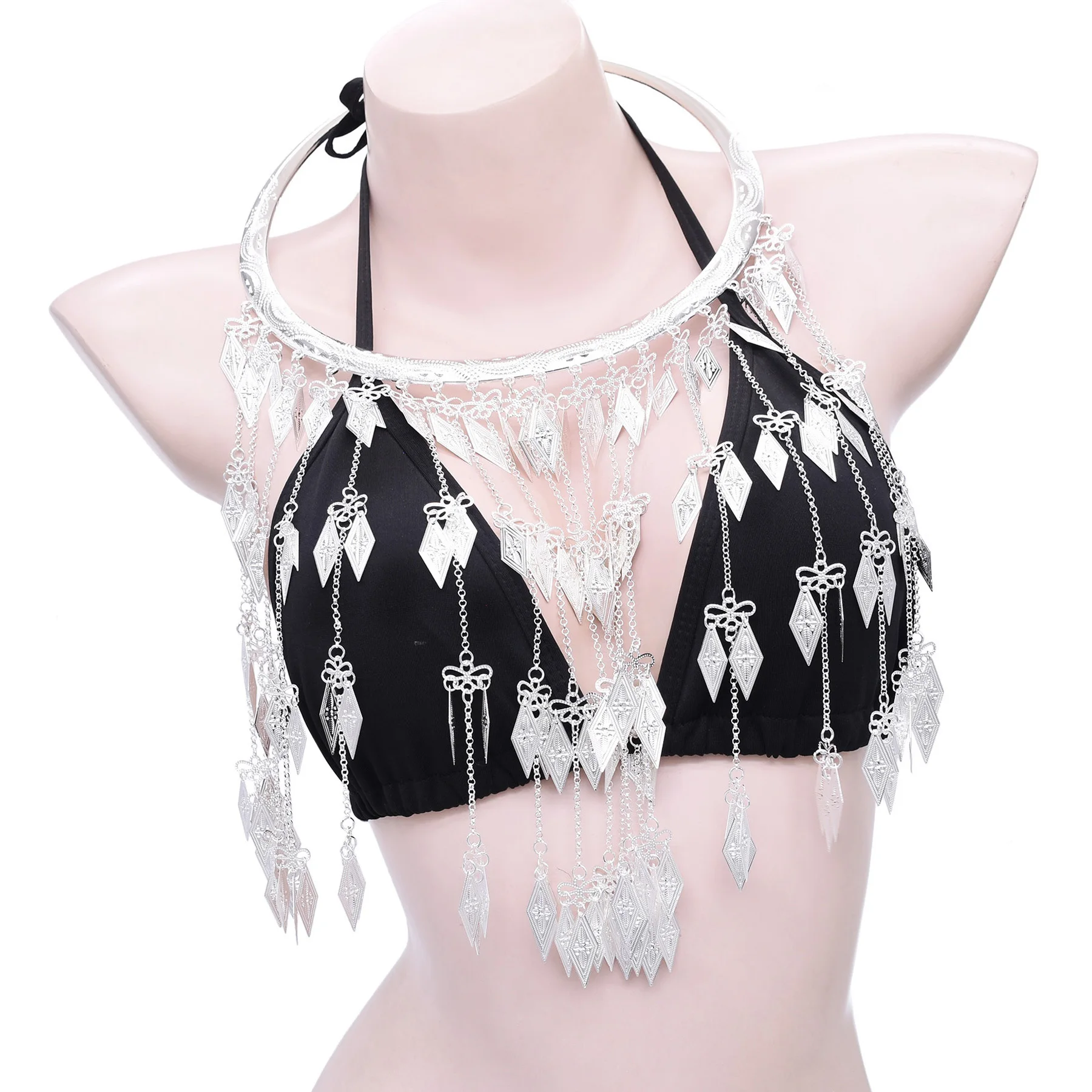 Bohemian Miao Silver Plated Alloy Geometry Tassel Choker Necklace for Women Choker Collar Ethnic Clothing Statement Jewelry