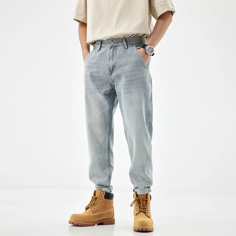 Jean Cargo Bleu Clair Rétro pour Homme, Pantalon en Denim Décontracté à Poches Multiples, Mode de Rue, Hip Hop