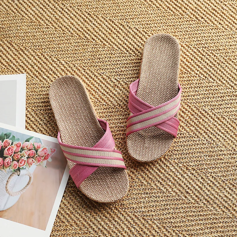 Summer Men Slippers Women Flat Sandals Lightweight Linen Slippers Indoor Non-Slip Soft Sole Home Slippers Indoor Slides Zapatos