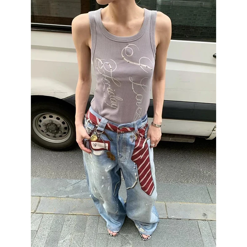 ZHIZOU Donna Blu Y2k Jeans larghi Harajuku VintageBent Coltello Denim Pantaloni Estetici Stile anni 2000 Jeans Pantaloni Abiti oversize