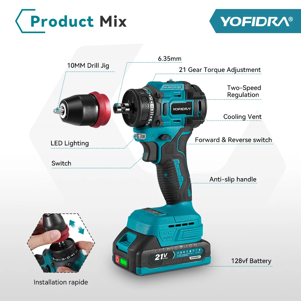 YOFIDRA 10mm Bürstenloser Elektrobohrer 24 Gänge Kabelloser Multifunktions-Elektroschrauber für Makita 21V Akku – Detail 4