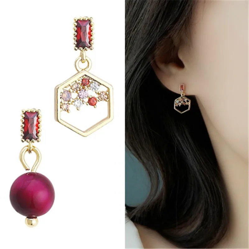 Fashion Red Bean Earrings Asymmetric Hexagon Earring Retro Imitation Pearl Earrings  Trendsetter Lady Earrings Jewelry Gift