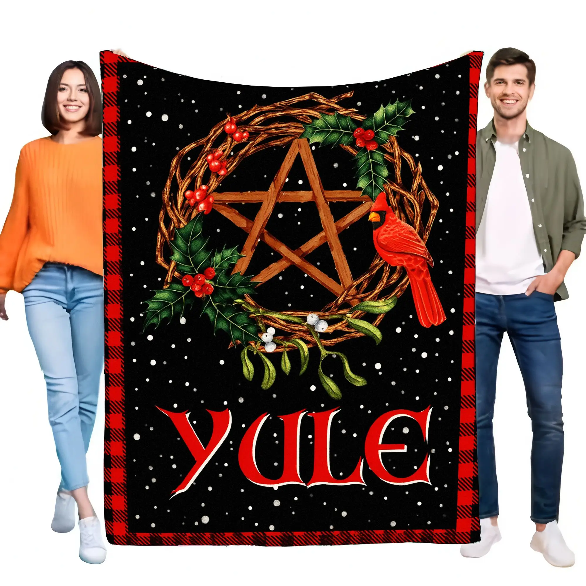 

Cozy Yule Blanket with Rustic Pentagram Wreath, Black Background with Snowflakes, Red and Black Checkered Border, Perfect for Ho