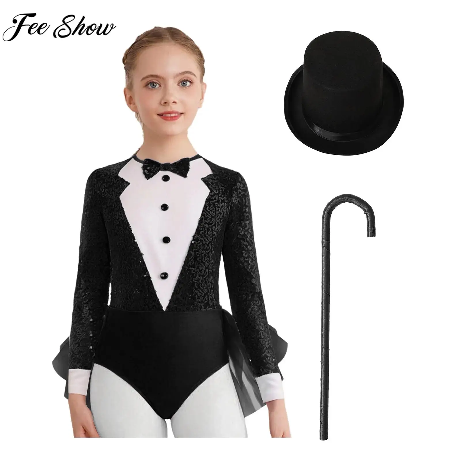 Children Girls Halloween Carnival Circus Magician Cosplay Costume Jazz Dance Clothes Sequins Zipper Tulle Leotard Dress with Hat