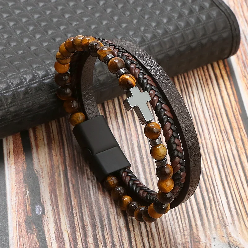 Vintage Multi-Layer Leather Bracelet Men Punk Cross Charm Tiger Eye Stone Beads Bracelet Fashion Braided Wrap Wristbands Jewelry