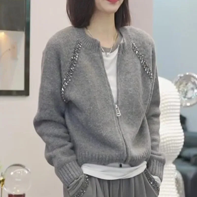 

Модный вязаный кардиган со стразами для женщин, осенне-зимняя новинка, свободный универсальный свитер-жакет с длинными рукавами