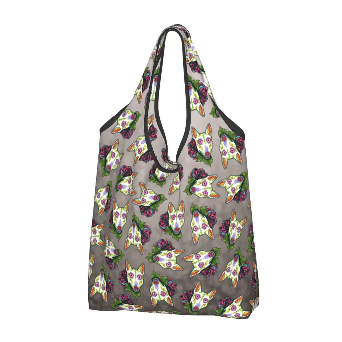 Bull Terrier Grocery Tote Shopping Bag Funny Day of the Dead Sugar Skull Dog Flowers Shoulder Shopper Bag Handbags