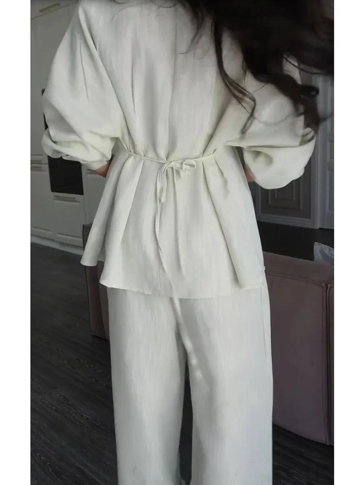 V-neck Wide-leg Pants Solid Women's Suit Full Sleeves Waist Cinching Single Breasted Loose Fit Lady Long Pant Sets Daily Outfit