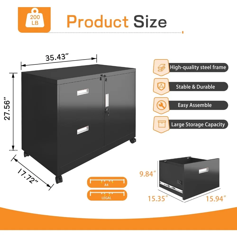 Metal Office Cabinet with 2 Drawers & Adjustable Shelves, Mobile Lateral Filing Cabinet with Lock, Printer Stand with Storage