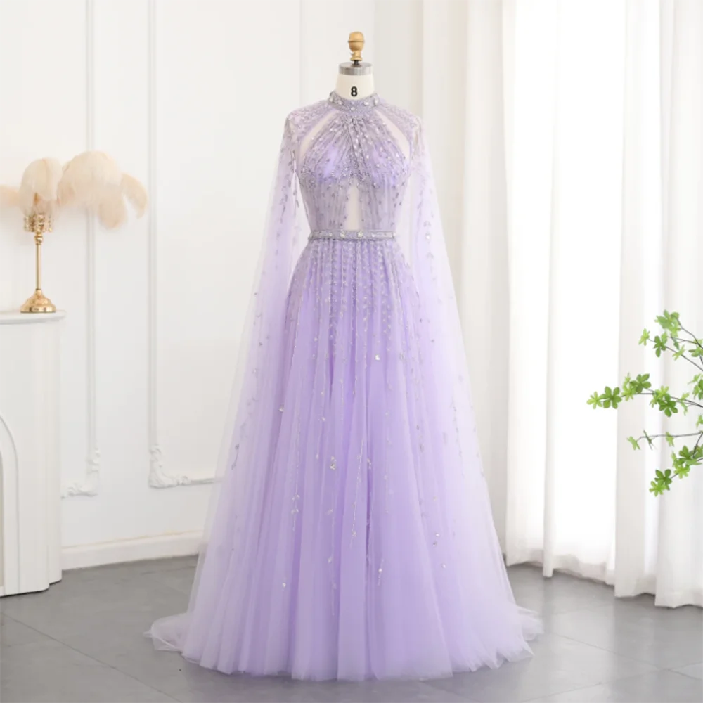 

Luxury Purple Gray Champagne Women Prom Dresses Floor Length Shiny A-Line O-Neck Cloak Fairy Elegant Formal Evening Party Gowns