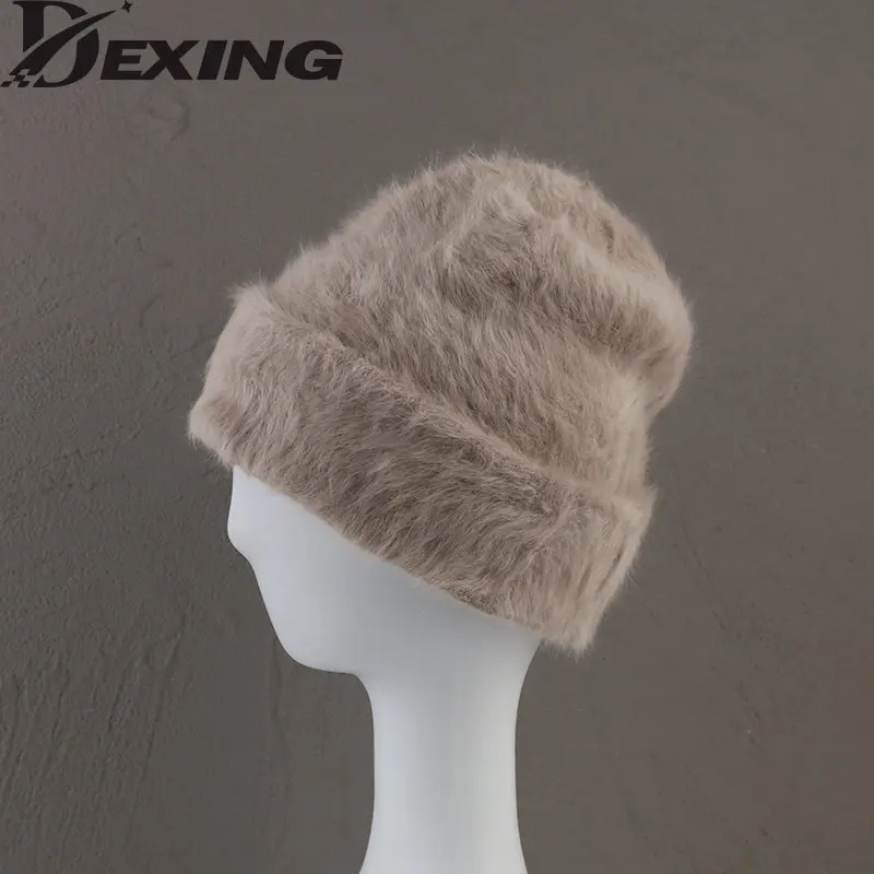 Angora Rabbit Fur Winter Hat for Women Knitted Fluffy Beanie Ladies Fashion Warm Plush Skull Thick Fleece Hats wholesale