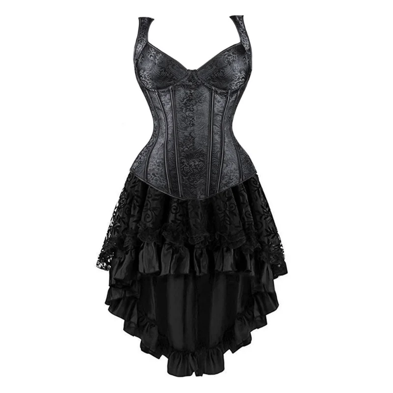 Gothic Corset Dress Women Straps Overbust Bustier Vest with Lace Skirt Set Burlesque Vintage Corselet Plus Size Party Clubwear