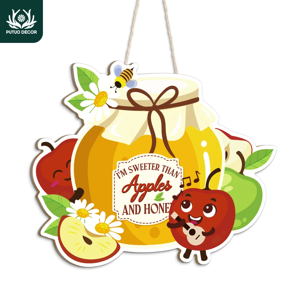 

Putuo Decor 1pc Honey Jar and Apple Element Wood Hanging Plaque Decoration, Wall Decor for Farmhouse Living Room，Rosh Hashanah