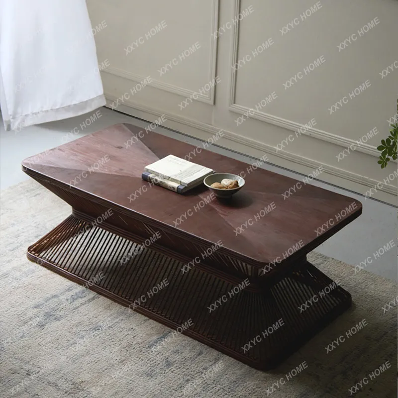 Bamboo woven square log coffee table, movable small apartment low table in front of living room sofa