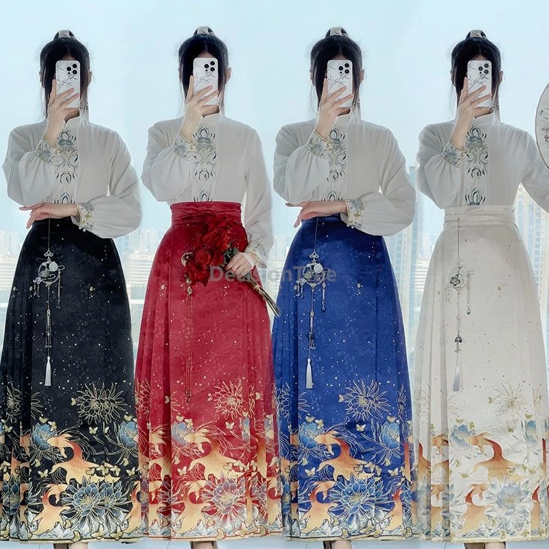 Woman Ming Dynasty Hanfu Set Horse Face Skirt Chinese Traditional Hanfu Costume Stand Collar Vintage Pleats Skirt