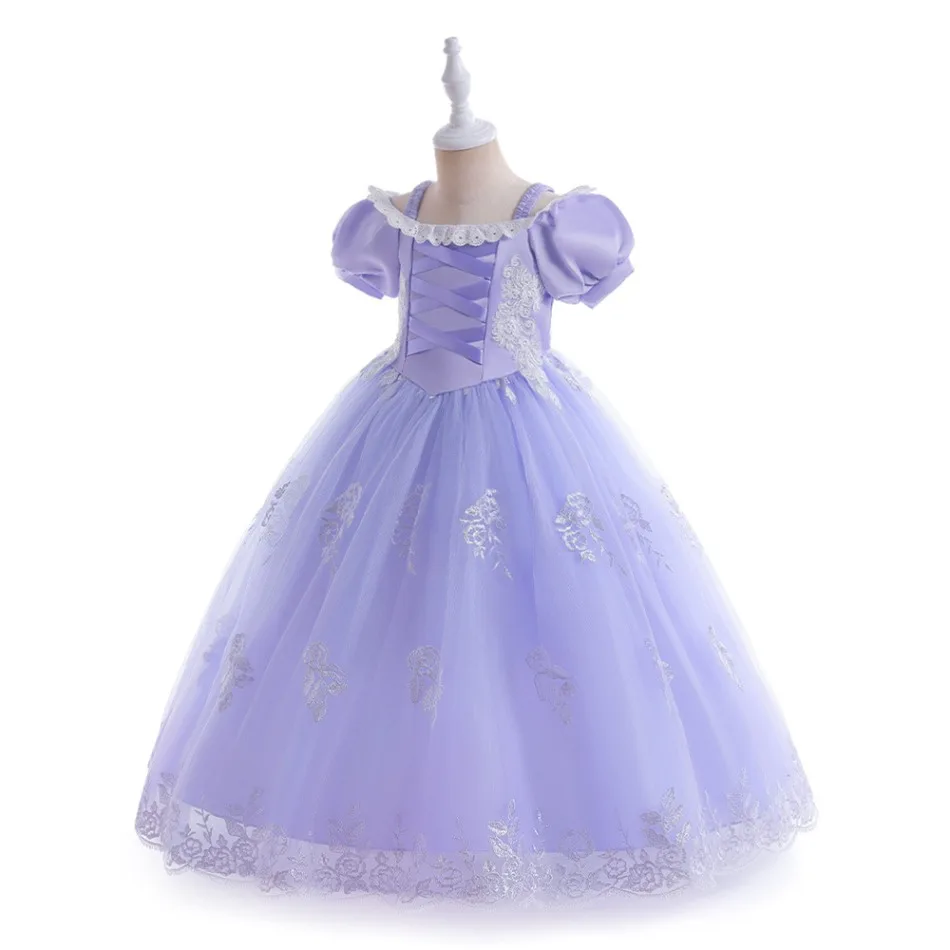 Princess Girls Rapunzel Dress Up Costume Short Sleeve Lace Embroidery Long Tulle Kids Halloween Carnival Birthday Party ASQ03
