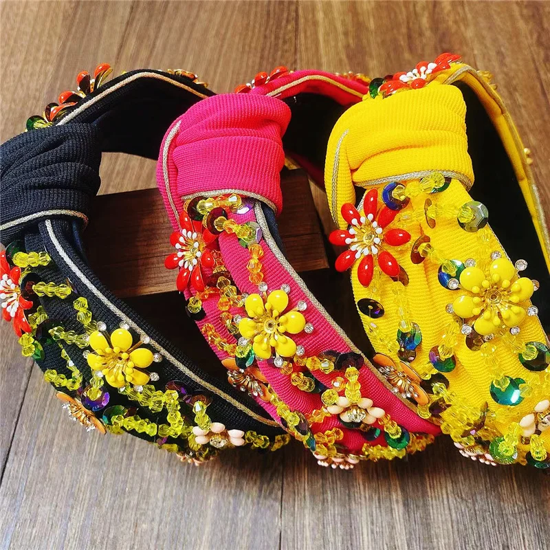 5 Colors Design Handmade Retro Baroque Rhinestone Crystal Headbands For Women Green Red Knot Hairband High Quality Headwear