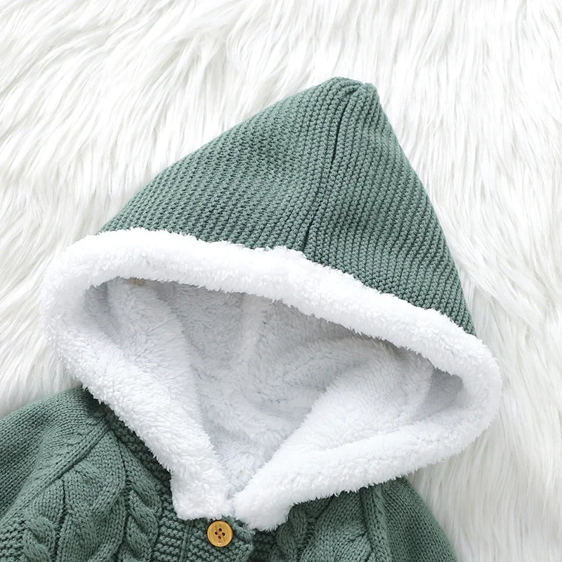 Baby Romper Fashion Hooded Newborn Boy Girl Jumpsuit Knitted Plus Fleece Infant Toddler Winter Clothing Long Sleeve Onesie 0-18M