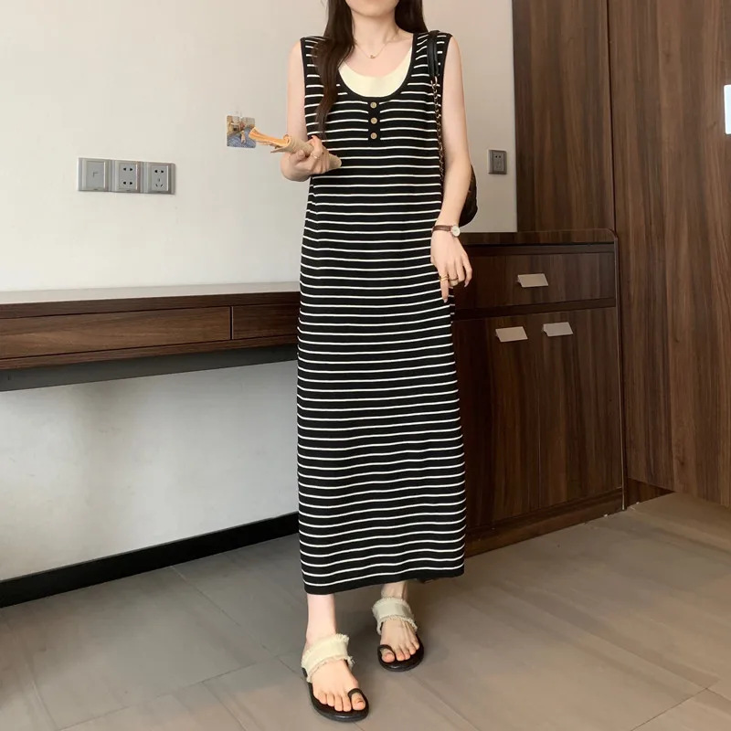 

Элегантные полосатые трикотажные винтажные искусственные шикарные тонкие осенние платья из двух частей, вечерняя уличная одежда больших размеров