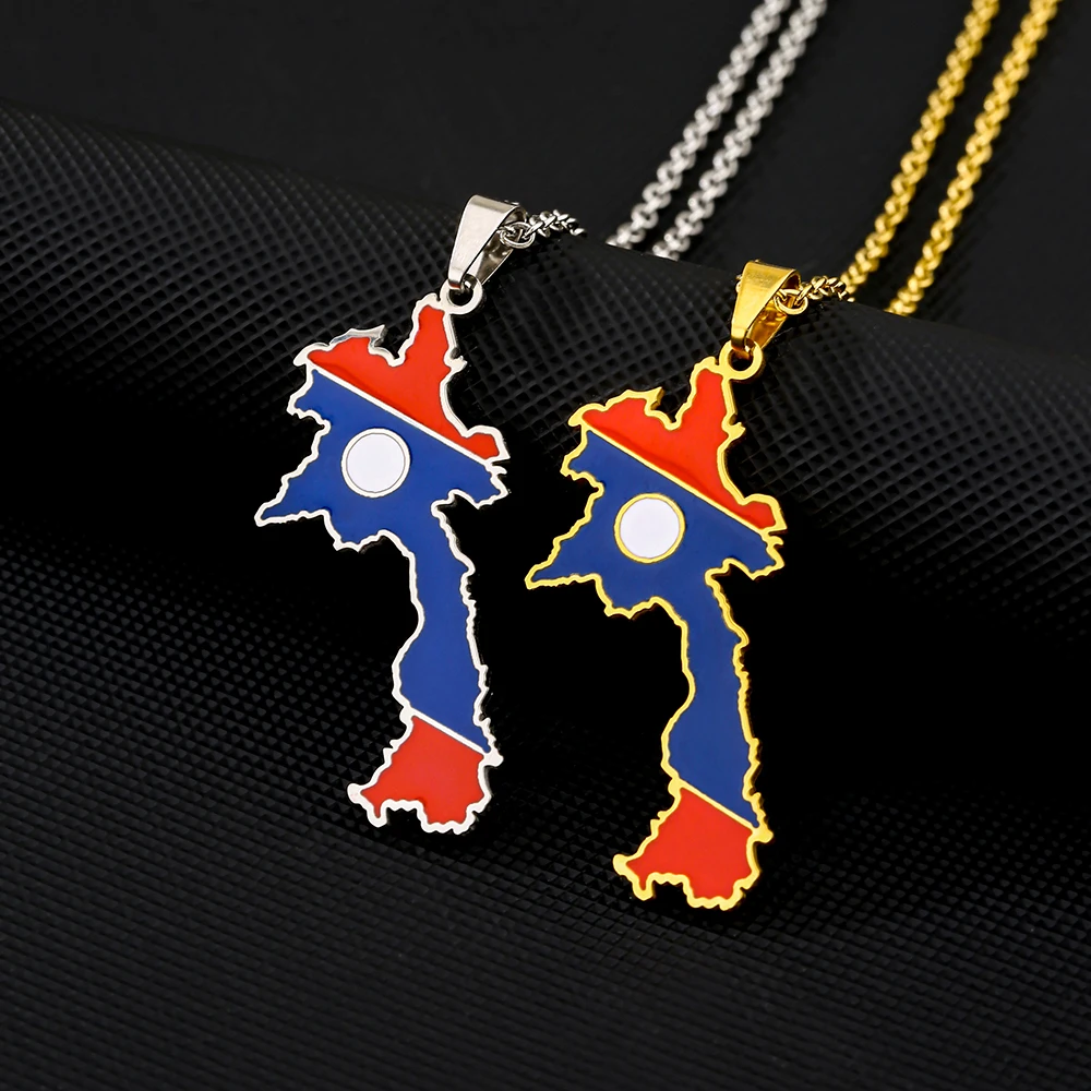 لاو الشعب جمهورية الديمقراطية خريطة العلم قلادة قلادة الفولاذ المقاوم للصدأ الرجال النساء لاوس خرائط المجوهرات هدية #1