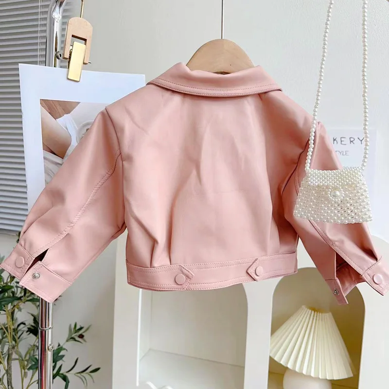 Girls Jacket Spring Autumn Motorcycle Girls Leather Jacket Short Style Lapel Handsome Zipper Coat For Kids Fashion Pu Outerwear