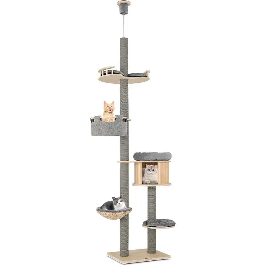 

5-уровневое высокое кошачье дерево от пола до потолка с регулируемой высотой 100–110 дюймов, предназначенное для больших кошек с деревянными лазанными полями