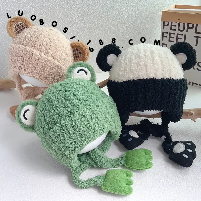 Furry Warm Sweet Cartoon Beanie for Kids Boy Girl Cute Bear Frog Panda Crochet BonnetAutumn Winter Thicken Plush Knitted Hat