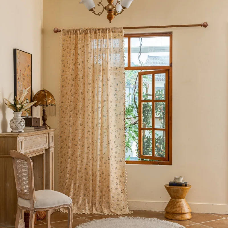 Floral Tassel Curtains Korean Cotton Daisy Road Pocket Shade Curtain for Kitchen Bedroom Living Room Bay Window Cabinet Curtain