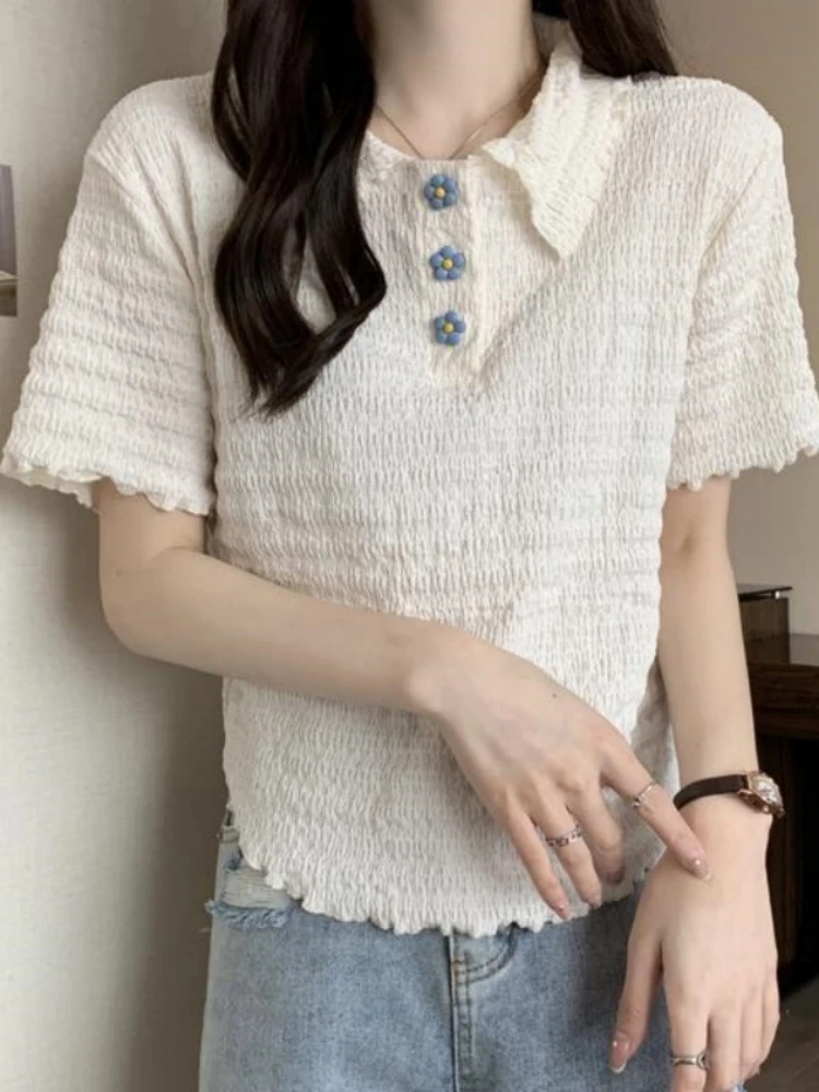 White  Neck Knitted Shirt Women's Slim Fit Short Sleeve T-Shirt Casual Style Polyester Fiber Breathable Summer Top