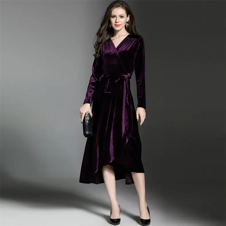 Ukraine Women elegant Party Dresses Spring and Autunm office lady lace up Ruffle velour dress Plus size velvet dress vestidos