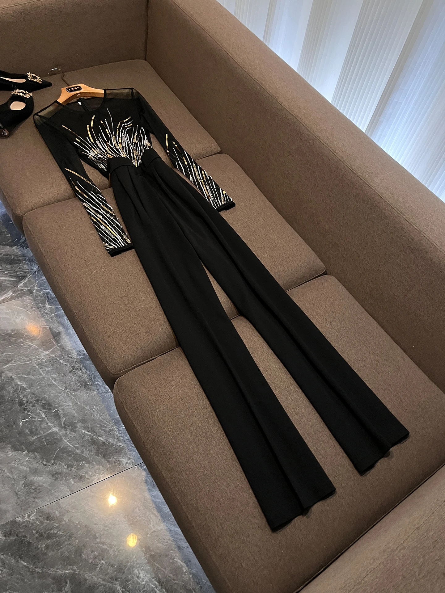 

Shiny Sequin Jumpsuit High Waist Straight Leg Slimming Commute Evening Style Women's Long Pants Polyester Fiber
