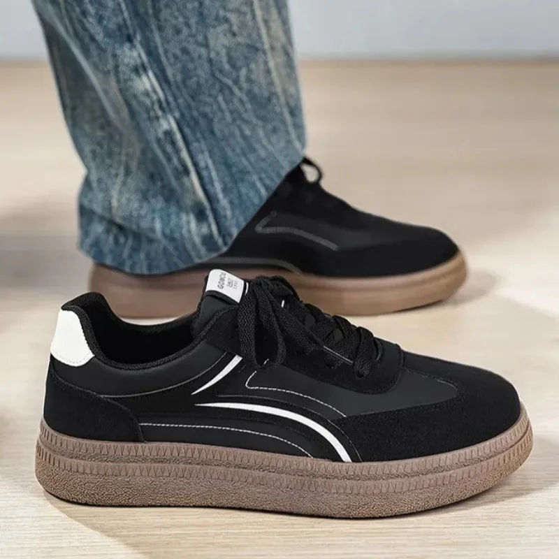 Men Board Shoes Spring Autumn Retro Casual Sneakers Mixed Texture Curved Piping Detail Thick Brown Sole Daily Commute