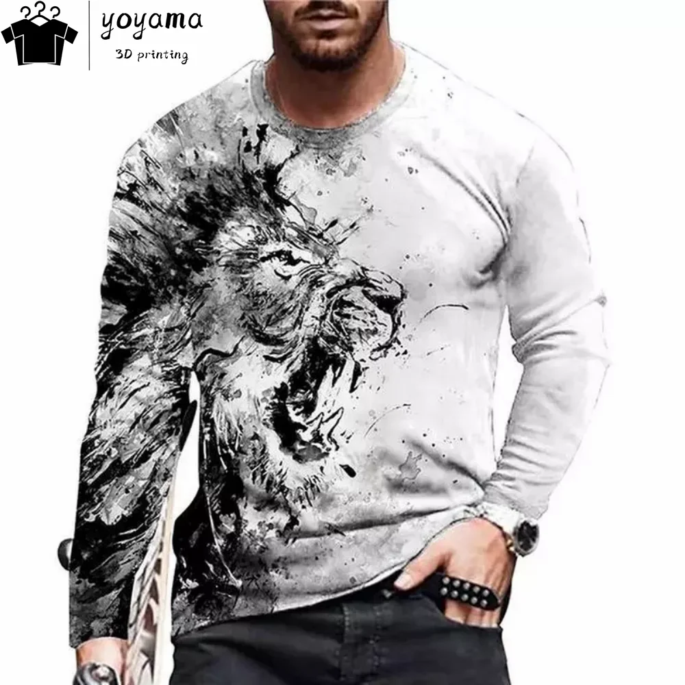 Fashion Lion Print Men's Long Sleeve T-shirt Men's Clothing Casual T shirt Men Harajuku Street T-shirts for Men Graphic T shirts