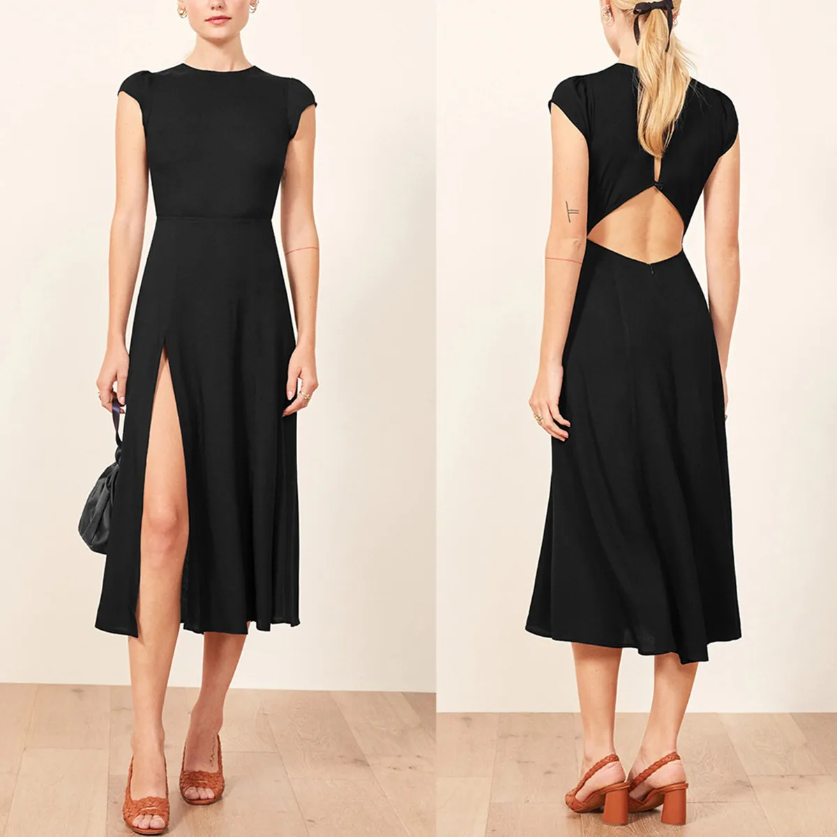 

Women's O-neck Backless Long Dress Spring Female Split High Waist Slim Black Dress