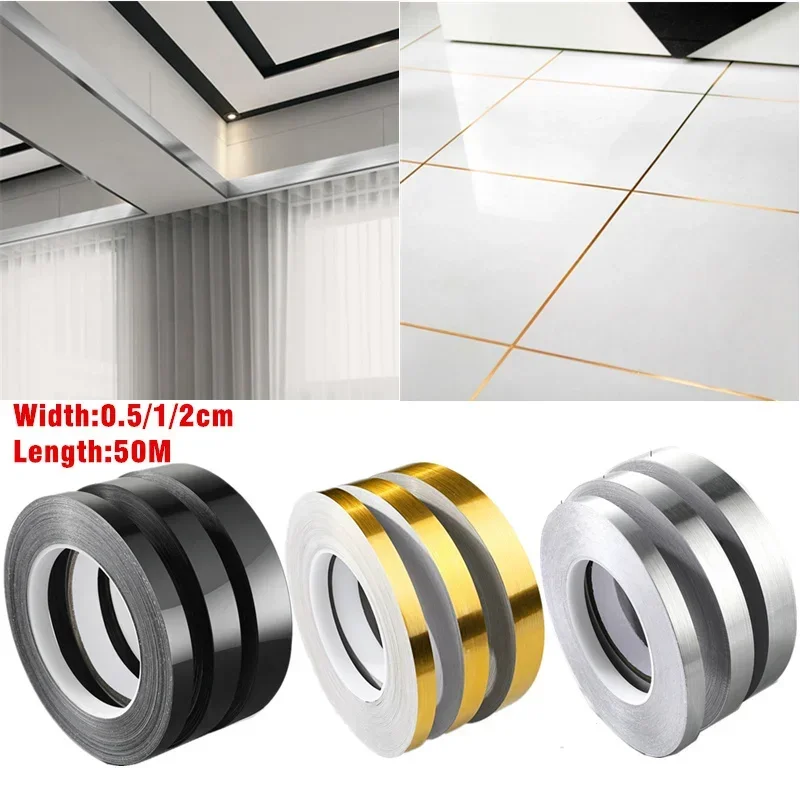 50m Mirror Stainless Steel Flat Decorative Line Self-adhesive TV Background Wall Ceiling Edging Strip Titanium Gold Wall Sticker