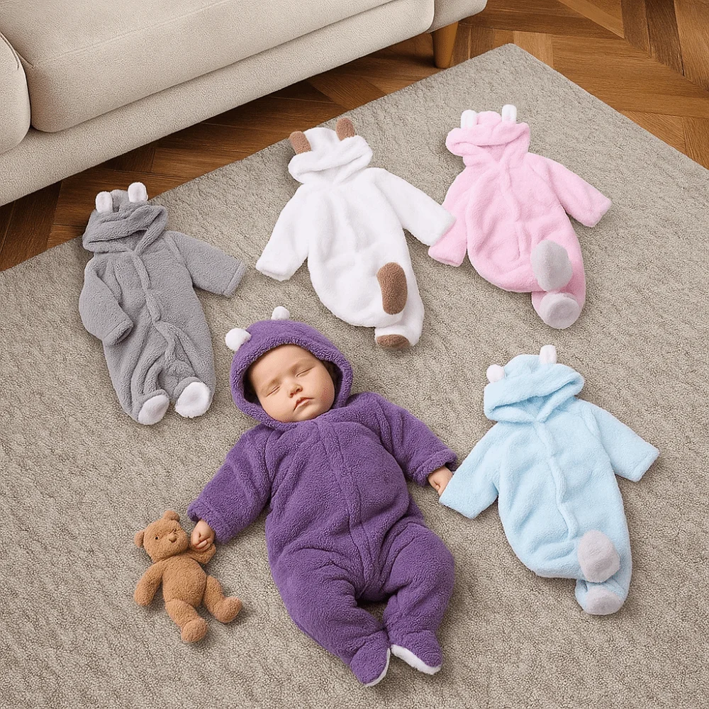 Cute Warm Baby Jumpsuits Hooded 3-6 Months Infant Rompers Long Sleeve Newborn Onesie Pajamas