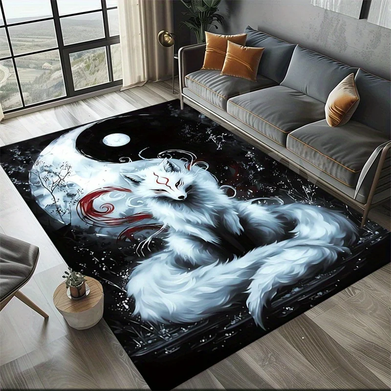 1pc Yin Yang White Fox Pattern Area Rug, Black & White Art Design, Decor for Living Room, Bedroom, Study & Game Room
