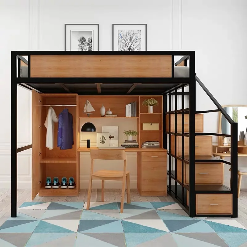 Small loft bed, simple iron, second floor, small apartment, capsule apartment elevated bed