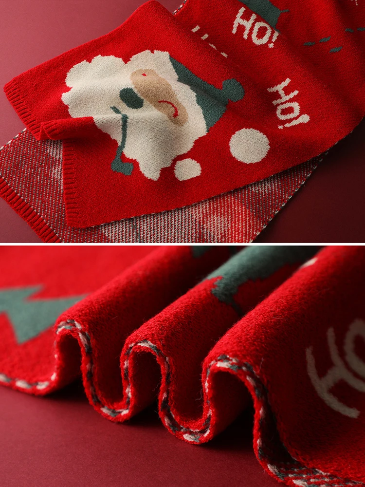 Red Christmas Scarf for Women Autumn and Winter Knitted Scarf Cartoon Pattern Thickened Warm Fashion Shawl