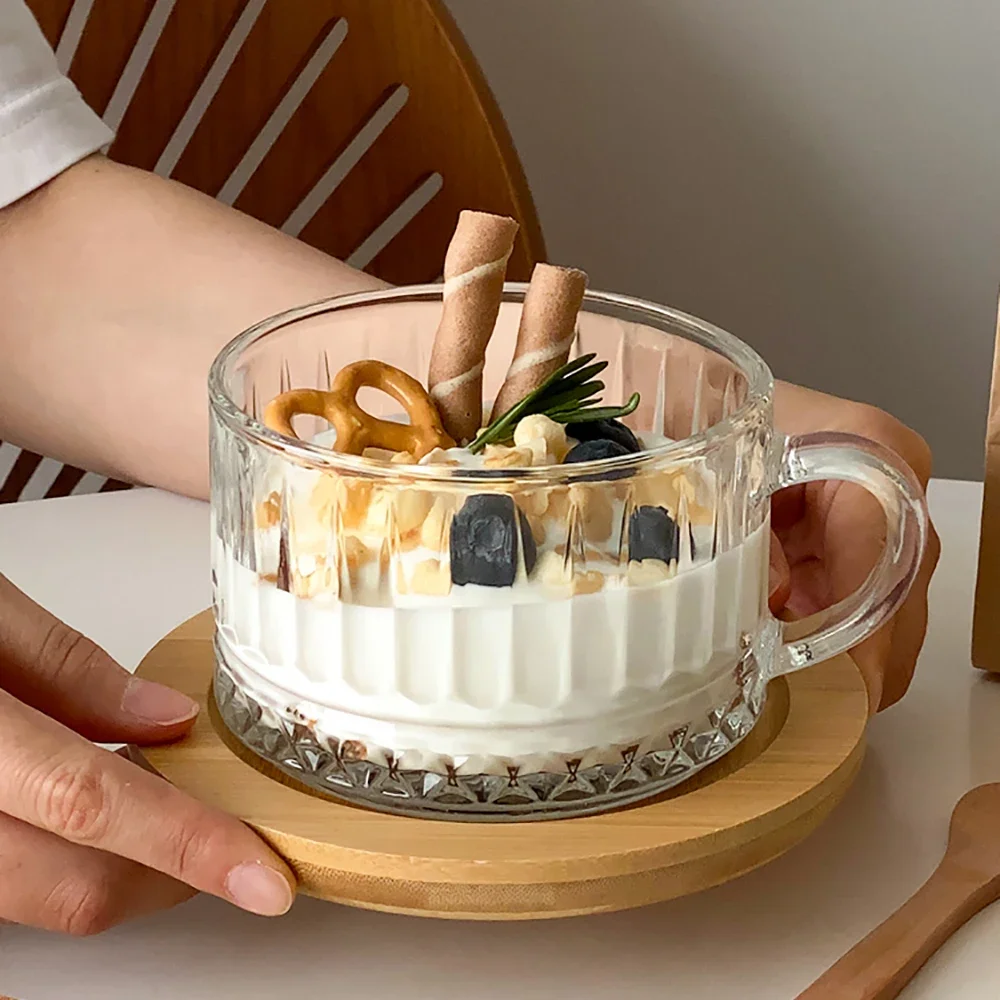 Transparent Handgrip Glass Bowl Korean Style Ins Simple Household Food Container Yogurt Fruit Oats Salad Breakfast Bowls