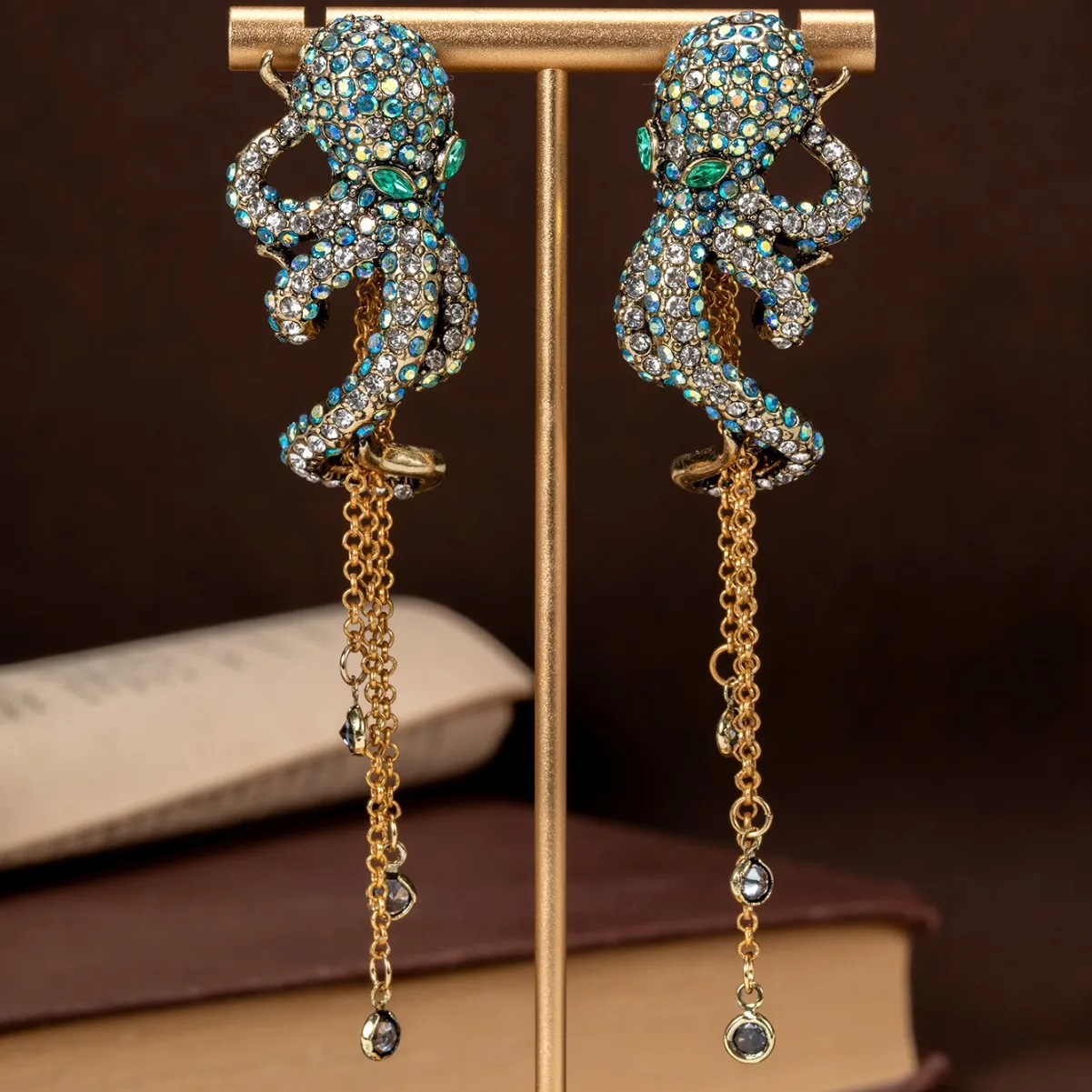 vintage Octopus inlaid diamond long tassel Geometry tud earrings