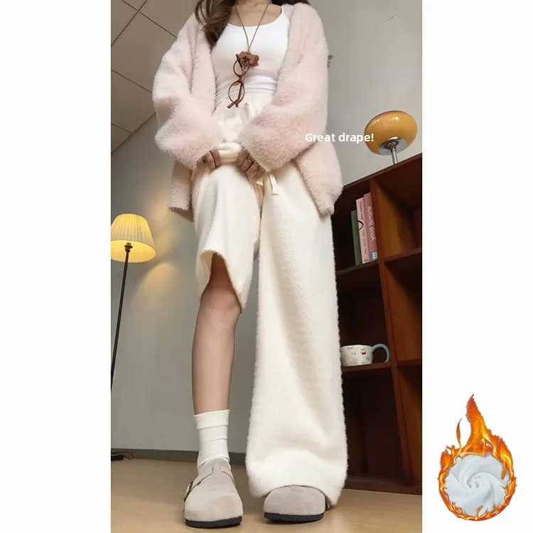 Thiened malha fce calças casuais femininas cintura alta perna reta outono inverno relaxar ajuste efeito de emagrecimento arroz macarrão calças