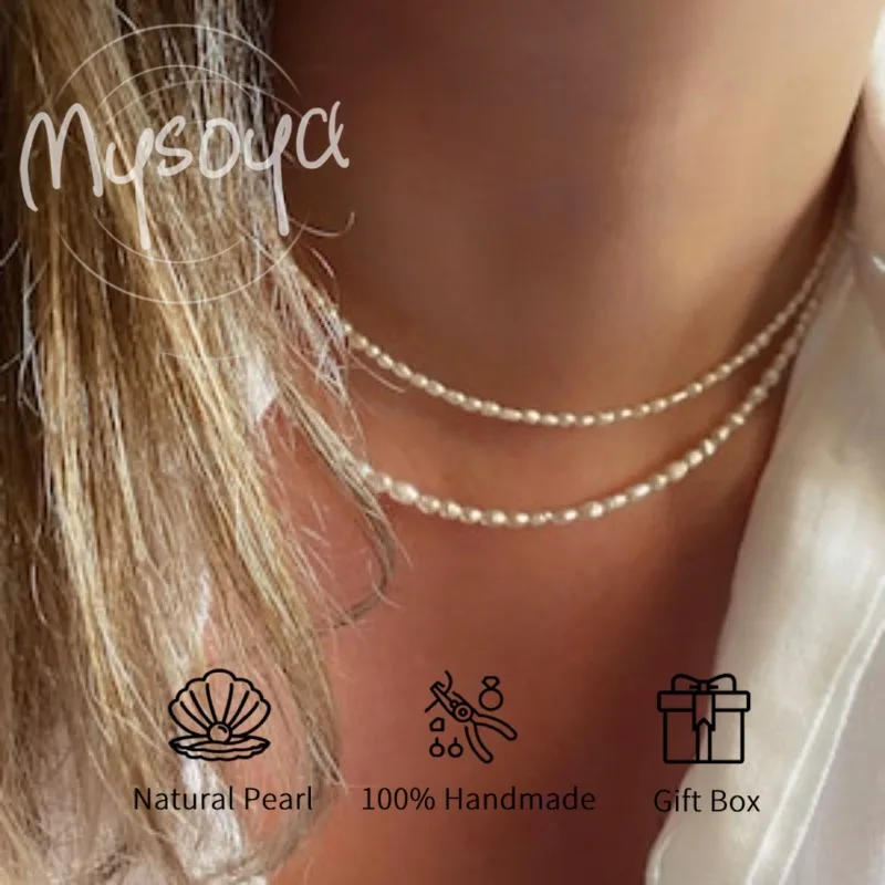 

MYSOYA White Rice-Shaped Baroque Freshwater Pearl Necklace 2-3mm With Gift Box For Her/Him Birthday/Wedding/Christmas Gift