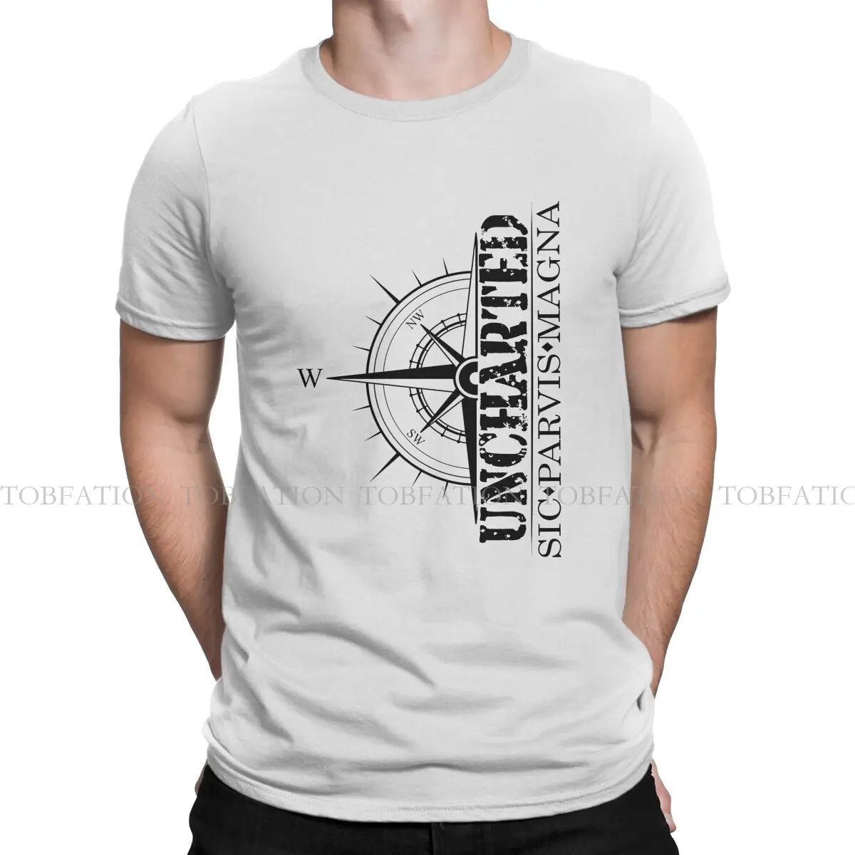 Uncharted TShirt for Men Sic Parvis Magna With Compass Humor Summer Tee T Shirt High Quality Trendy