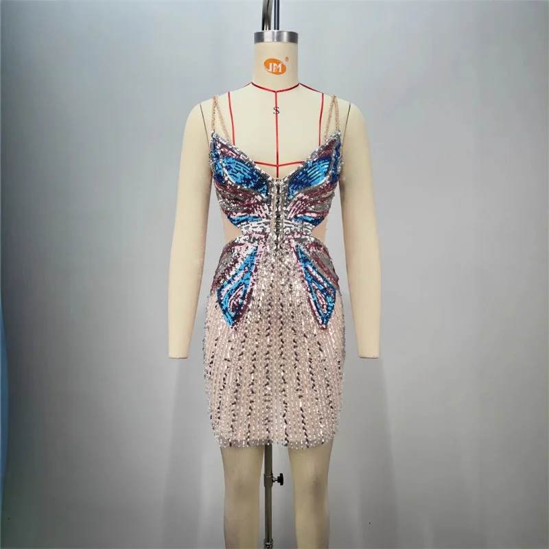 Borboleta lantejoulas bordado sexy baixo corte oco para fora cinta vestido socialite festa férias vestido