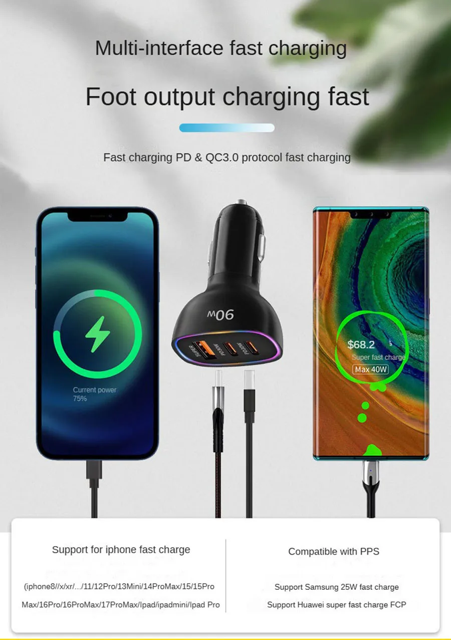 Fast Car Charger 90W 3 Ports Multi USB C PD 30W and USB A QC 30W Automobile Power Adapter with Glowing Ring For Smart Devices