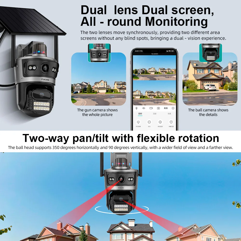 FUERS 4G Solar Camera AOV 24 Hours Record Three Screen Outdoor 10X Zoom Cam Auto Track 9W Solar Panel 15600mAh Built-in Battery