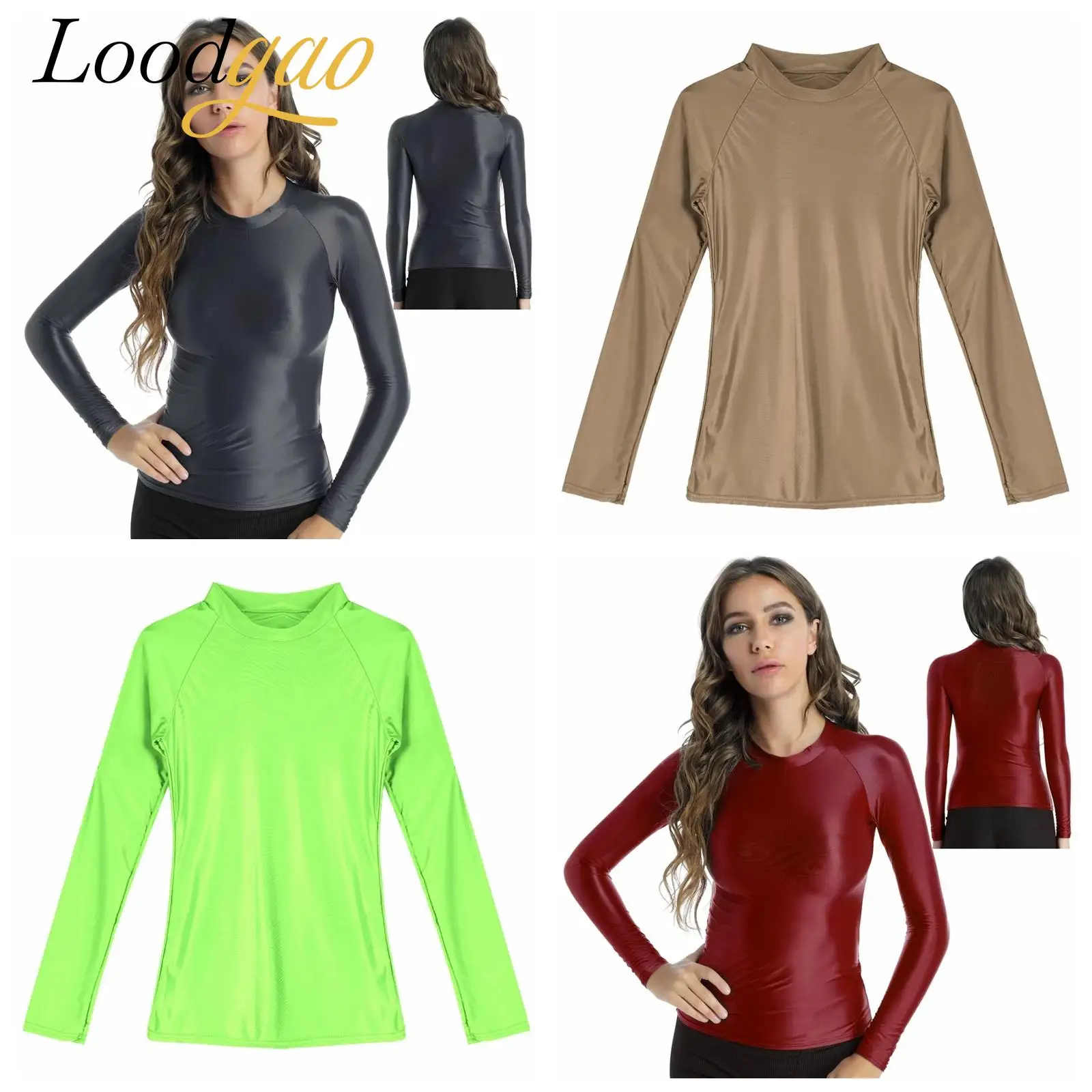 Women's Glossy T-shirts Metallic Shiny Tee Disco Tops Slim TShirt Clubwear Tops Nightclub Rave Party Dance Long Sleeve Tights