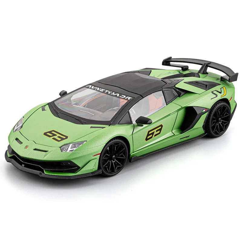 1:18 SVJ63 합금 스포츠카 모델 풀백 사운드 및 라이트 효과 크리스마스 선물 다이캐스트 합금 자동차 모델 수집품